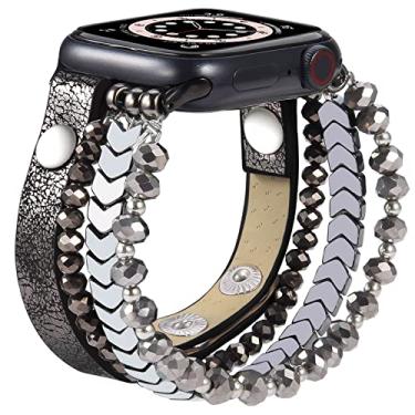 Imagem de MOFREE Braçadeira, compatível com Apple Watch, 42 mm, 44 mm, 45 mm, für Damen und Mädchen, modisches, handgefertigtes elastisches Stretch-Armband mit Druckknopfverschlüssen, Lederband, 2, 1 Ultra