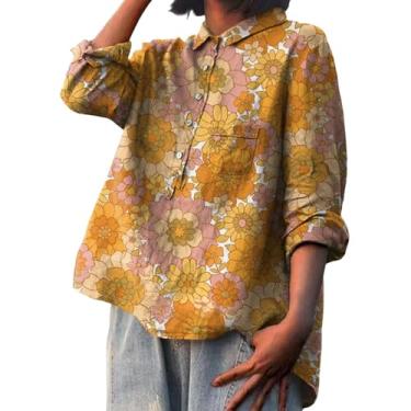 Imagem de Camiseta feminina de linho, estampa de flores, gola de lapela, manga comprida, blusas soltas, roupas casuais elegantes, Amarelo, G