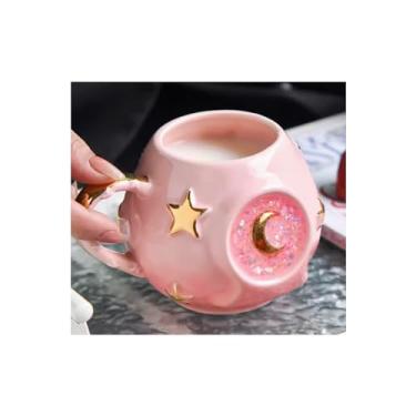 Imagem de Xícara de café feita à mão 400 ml com design extravagante de tarô estrelado/lua, xícara de café com gelo de céu estrelado, xícara de chá de cerâmica rosa gradiente para casa/escritório (rosa)