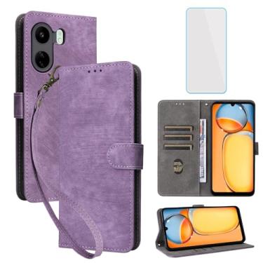 Imagem de IUQXU Capa carteira para celular Redmi 13C com protetor de tela [bloqueio RFID] couro flip suporte para cartão de pulso homens mulheres capa de celular para Xiaomi Poco C65 Redmi 13C roxo