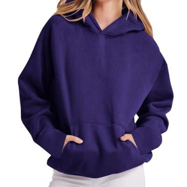 Imagem de Moletom feminino casual solto com capuz atlético para trilhas, camisetas lisas com bolsos, blusas básicas de viagem, Y2 - roxo, P