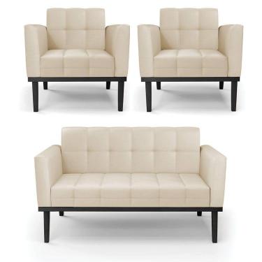 Imagem de Sofá Namoradeira E 2 Poltronas Base De Madeira Preto Elisa Corino D03 - D`rossi Cor Bege