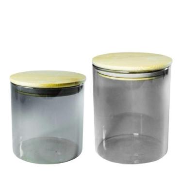 Imagem de Potes De Vidro Fume Tampa Hermetica De Madeira 550ml E 750ml - BONS CH