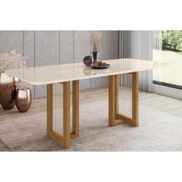 Imagem de Mesa para Cozinha Yara SC77 c/Tampo Madeirado Vidro Curvo 200x90cm Nat