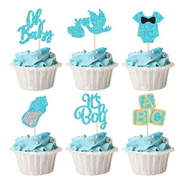Imagem de 24 peças Oh Baby Cupcake Toppers Blue Glitter It's a Boy Toppers with Swan Onesie Bottle Baby Shower Gênero Revelar Cupcake Picks Decorações para Crianças Meninos Festa de Aniversário Decorações de