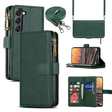Imagem de Cavor Capa carteira transversal para Samsung Galaxy S23 com compartimentos para cartões, couro sintético premium com fecho magnético com zíper, capa com flip à prova de choque, verde escuro