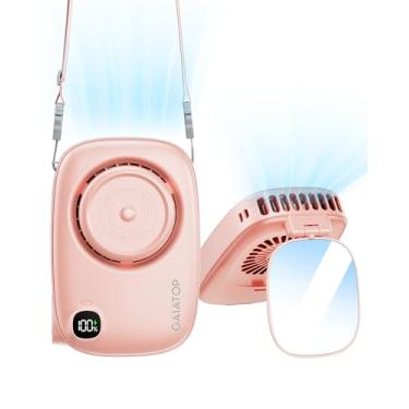 Imagem de Gaiatop Mini ventilador de pescoço, recarregável para uso na mesa, visor de energia de LED, espelho de rotação de 360° para maquiagem de cílios, design de câmera fofo, ventiladores USB portáteis