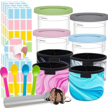 Imagem de NLXCXUCY Pacote com 4 recipientes de reposição para cápsulas e tampas de creme Ninja, 4 peças de manga de neoprene para sorvete, 160 peças, etiquetas removíveis à prova d'água, 473 ml, compatível com