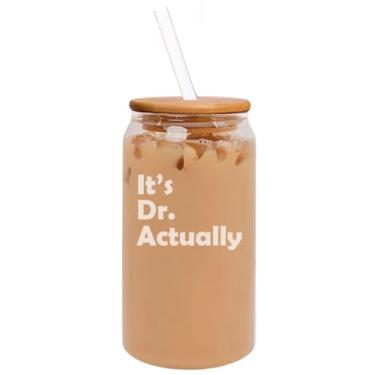 Imagem de MIP Copo de café gelado de vidro em forma de lata de 473 ml com tampa de bambu e presente de canudo It's Dr Actually PHD Graduação Estudante Engraçado