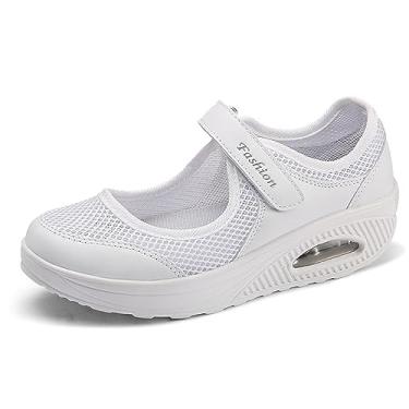 Imagem de RiceelSor Sapatos femininos de enfermeira de malha ajustável, respirável, leve, para caminhada, almofada de ar, amortecedor, fitness, amamentação ortopédica, sapatos Mary Jane, Branco, 36