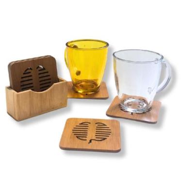 Imagem de Kit 6 Descanso de Copo Porta Copos Bambu + Suporte 7 Peças - Clink, Ma