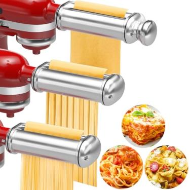 Imagem de Acessório de máquina de macarrão para todas as batedeiras KitchenAid, 3 peças de acessórios de massa de auxílio de cozinha incluídos rolo de massa de macarrão, cortador de fettuccine, cortador de