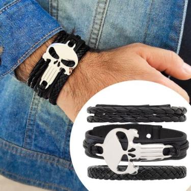 Imagem de Kit C/03 Pulseiras Masculinas de Couro Caveira Justiceiro Regulável - 