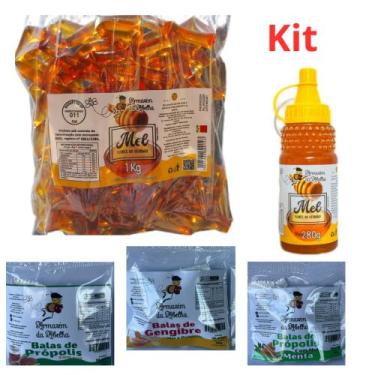 Imagem de Kit 5 ítens- Mel Sachê 1 kg, Mel Bisnaga 280g, Bala Mel com Própolis, 
