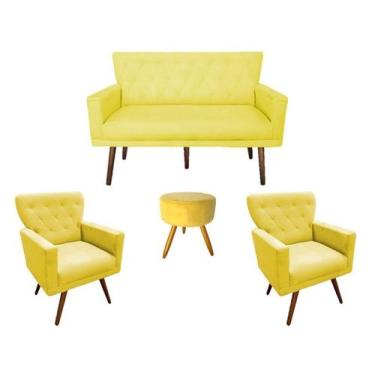 Imagem de Kit Namoradeira + 2 Poltronas Decorativa Aurora + Puff Redondo Suede A