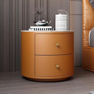 Imagem de Mesa de cabeceira de madeira redonda moderna com 2 cômodas, armário de couro para quarto, mesa de canto para sala de estar, laranja, branco