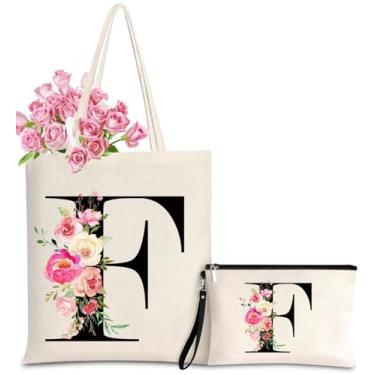 Imagem de Sacola de lona inicial para mulheres, sacolas personalizadas com monograma com bolsa de presente de maquiagem para casamento, damas de honra, aniversário, Letter_f, One Size
