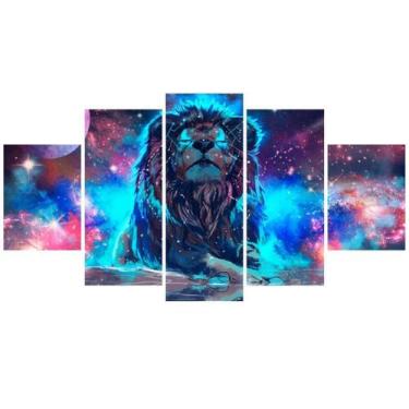 Imagem de Kit Quadros Decorativos Sala Leão Colorido Mosaico Universo - Quadros 
