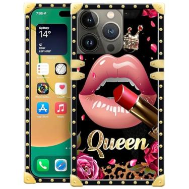 Imagem de WANKBLC Capa compatível com iPhone 14 Pro, batom rosa rosa rainha leopardo luxuoso decoração dourada para meninas mulheres TPU macio à prova de choque protetor rígido PC traseiro para iPhone 14 Pro