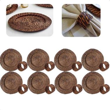 Imagem de Kit 8 Sousplat E 8 Aneís Guardanapo Marrom Escuro De Bambu Rattan Luxo