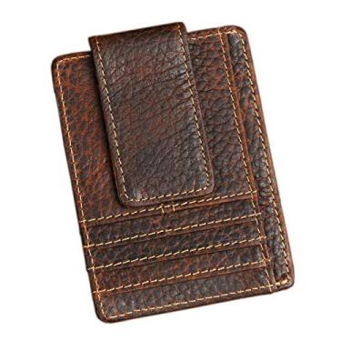 Imagem de Le'aokuu Carteira fina e prática de couro genuíno com clipe para dinheiro e cartão de crédito, Marrom escuro 2 RFID, 1