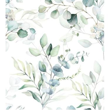 Imagem de Papel de Parede Floral em Tons de Verde com Fundo Branco Ramos de Euca