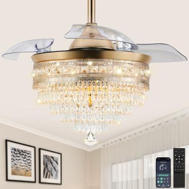 Imagem de YITGOG Ventilador De Teto De Cristal De 36" Com Luz, Controle Remoto E Aplicativo, Ventilador De Teto De Cristal Led Dourado Regulável, Ventilador De Teto Retrátil Invisível De 6 Velocidades, Ventil