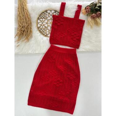 Imagem de Conjunto Feminino Tricô Modal Premium Saia e Cropped Ponto Crochê c/ F