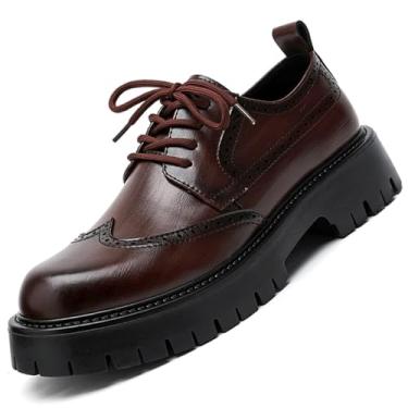 Imagem de Sapato social masculino plataforma Wingtip Brogue, couro vintage, Oxford Derby, casual, trabalho, negócios, escritório, sapatos, Marrom, 43 BR