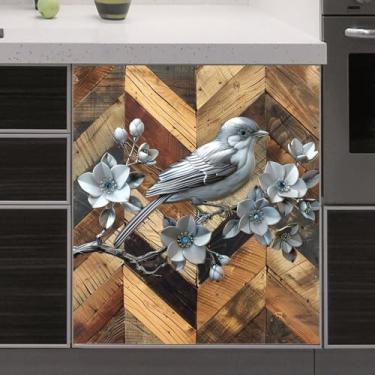 Imagem de Capa magnética de aço inoxidável para lava-louças de flores de pássaro para eletrodomésticos, decalque de painel de geladeira com ímã de grão de madeira vintage, adesivo magnético de metal prateado