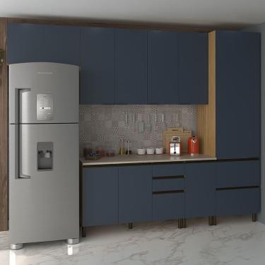Imagem de Cozinha Completa Bartira Cristal Tempero com 8 Portas, 7 Gavetas, 9 Prateleiras e 300cm de largura - Lâmina Mel/Azul Royal