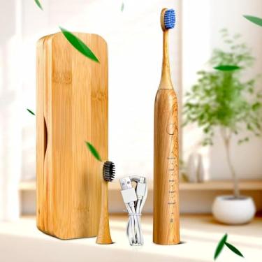 Imagem de Escova de dentes elétrica Sonic de bambu para adultos – Design de bambu com cerdas macias – 5 modos de limpeza ajustáveis – Tecnologia à prova d'água IPX7 atualizada para adultos