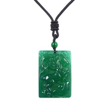 Imagem de Justinstones Colar de ágata verde 42 mm esculpido cavalo design retangular Reiki pingente cordão trançado ajustável joia feita à mão 45 a 71 cm, pedra, ágata, Pedra, Ágata