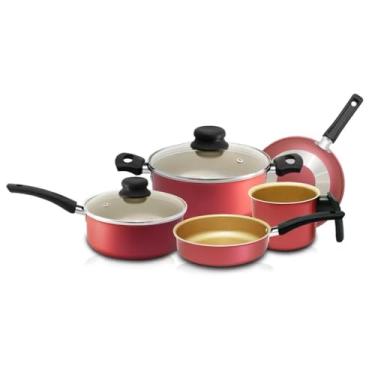 Imagem de Conjunto de Panelas Antiaderentes, 5 Peças, Vermelho, Inclui Frigideira, Caçarola e Panelas com Tampa