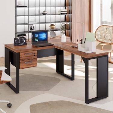 Imagem de Mesa para Escritório Diretor em L com Gaveteiro Suspenso Marrom/Preto
