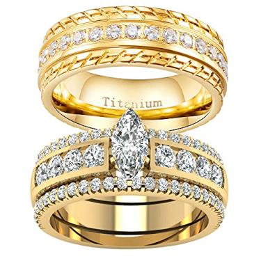 Imagem de ringheart 2 anéis banhados a ouro amarelo para ele e ela anéis de casal Cz 3 peças conjuntos de alianças de casamento femininas de aço de titânio para homens, women size7 & men size9, Metal, Zircônia