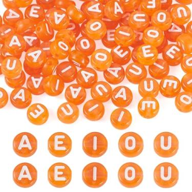 Imagem de Elcrelive 100 peças de contas redondas laranjas transparentes de acrílico alfabeto vogal AEIOU pingentes espaçadores soltos 7 x 4 mm para pulseira da amizade colar joias de verão