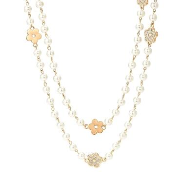 Imagem de IDOKAWA Colar feminino de 8 mm em camadas de pérolas simuladas redondas para mulheres, colar longo delicado com vários fios para festa, bijuteria vintage, Metal, Pérola sintética