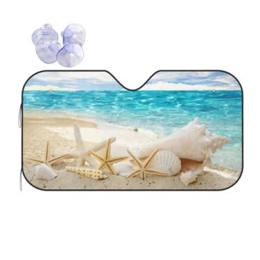 Imagem de Verão, praia, estrela-do-mar, concha de mar, céu azul, pára-brisas, protetor frontal, protetor frontal, viseira de sol, bloqueios de raios UV, mantém seu veículo fresco
