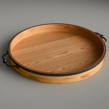 Imagem de Bandeja grande redonda para otomana – Bandeja de servir de madeira de fazenda de 55 cm com alças de metal – Bandeja grande para sala de estar – Bandeja de servir grande para mesa de café – Bandeja