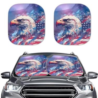 Imagem de GOSTONG Para-brisa de carro patriótico pára-brisa dobrável bandeira americana águia escudo térmico pacote com 2 protetores de sol para janela frontal para caminhões sedan, acessórios SUV