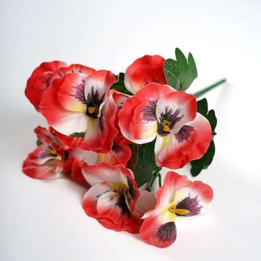 Imagem de 6 peças de flores silvestres amor-perfeito margaridas flores artificiais buquê de flores falsas ao ar livre plantas artificiais para casa varanda jardim (vermelho)