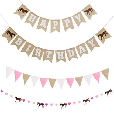 Imagem de With Luxe & Love decorações de aniversário de cavalo – banner de serapilheira de feliz aniversário – guirlanda de cavalo de feltro e banner de flâmula – materiais para festas de cavalos