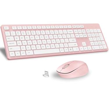 Imagem de LeadsaiL Conjunto de teclado e mouse rosa sem fio, teclado ergonômico de tamanho completo, conjunto de mouse silencioso sem fio de 2,4 GHz com receptor USB 2 em 1, atalhos de 12 FN para laptop Windows