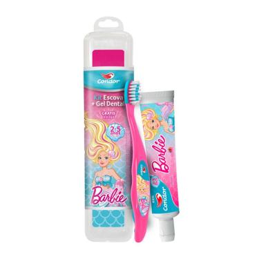 Imagem de Kit Infantil Condor Barbie Estojo Protetor + Escova Dental + Gel Dental Tutti Frutti 50g