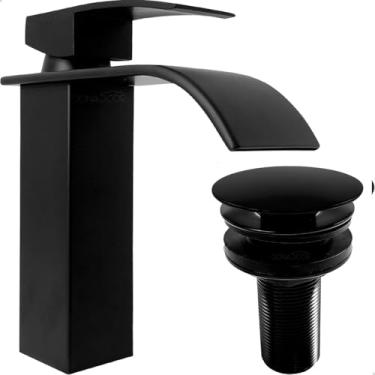 Imagem de Dona D Cor, Torneira Preta Banheiro Bica Baixa Cascata Valvula Click 7/8 Inox Kit Torneira Quadrada Ralo Pia 3cm