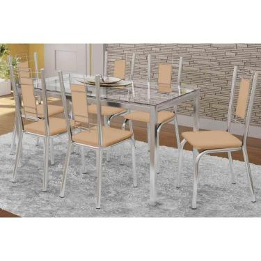 Imagem de Kit Mesa Reno C- Tampo Vidro 150cm + 6 Cadeiras Florença Cromado Courano Nude