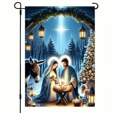 Imagem de BlissYard Bandeira de jardim de Natal, presépio de inverno, bandeira de jardim dupla face, bandeira de 30,5 x 45,7 cm, decoração de quintal de Natal religiosa, Mary Joseph e bebê Jesus sob noite