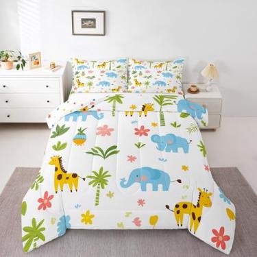 Imagem de Erosebridal Jogo de cama casal com animais da selva, desenho animado de animais da selva, edredom fofo de girafa e elefante, safári selvagem, decoração de quarto, 2 fronhas respiráveis