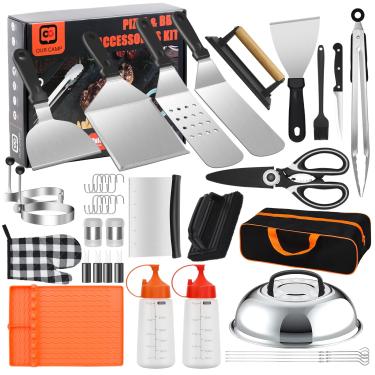 Imagem de OURCAMP Kit De Acessórios Para Chapa Com 41 Peças Blackstone E Camp Chef - Conjunto Completo Grelha Plana Espátulas Ampliadas, Raspador, Prensa Hambúrguer Bolsa Transporte, Ideal Churrasco Ao Ar Liv